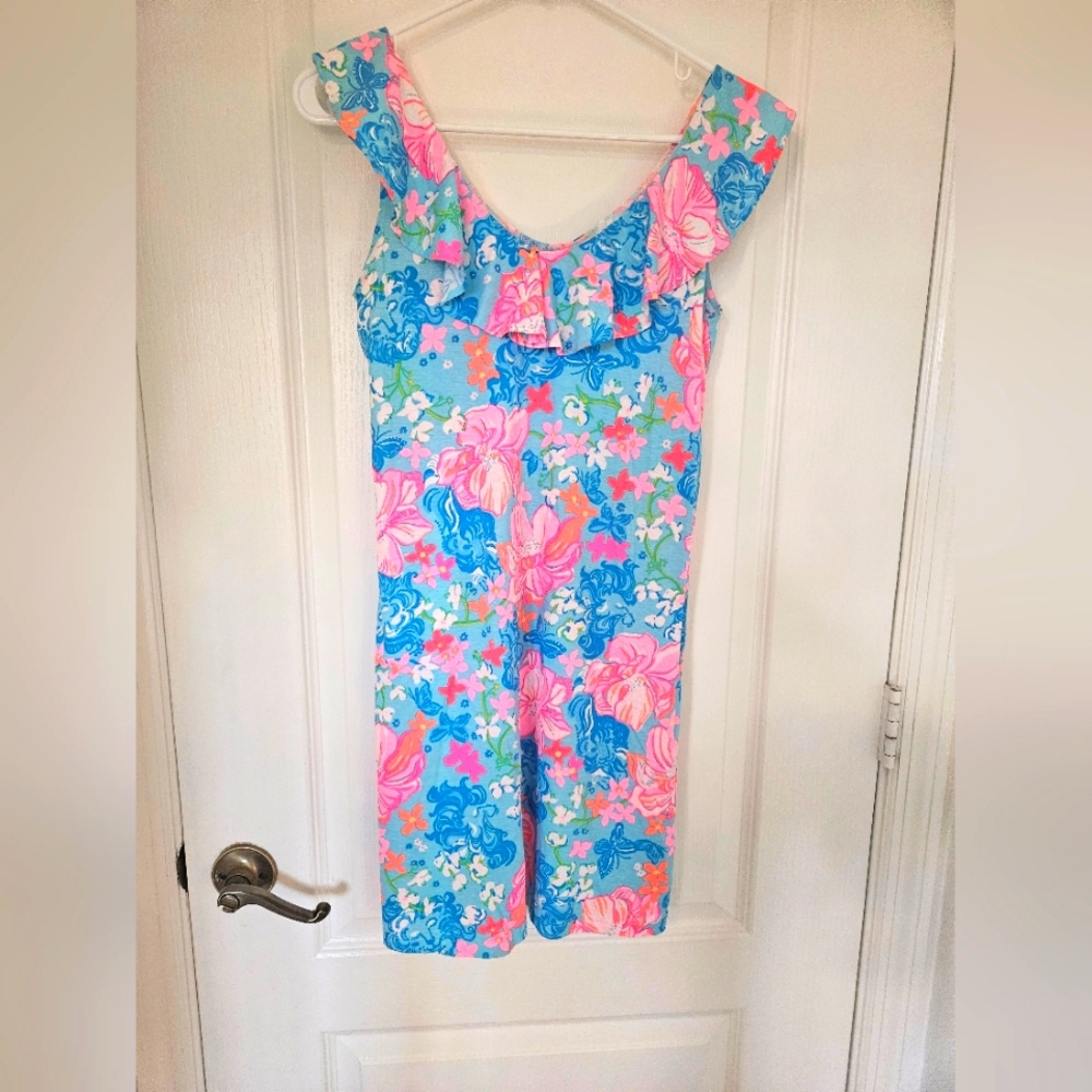 Lilly Pulitzer Floral Ruffled Shoulder Dress. Worn Once W/Stretch. EUC SIZE XXS